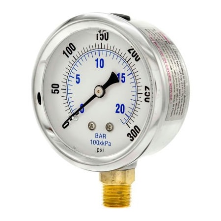 Engineered Specialty Products, Inc Pic Gauges 2-1/2" Vacuum Gauge, Liquid Filled, 300 PSI, Stainless Case, Lower Mount, PRO-201L-254H PRO-201L-254H